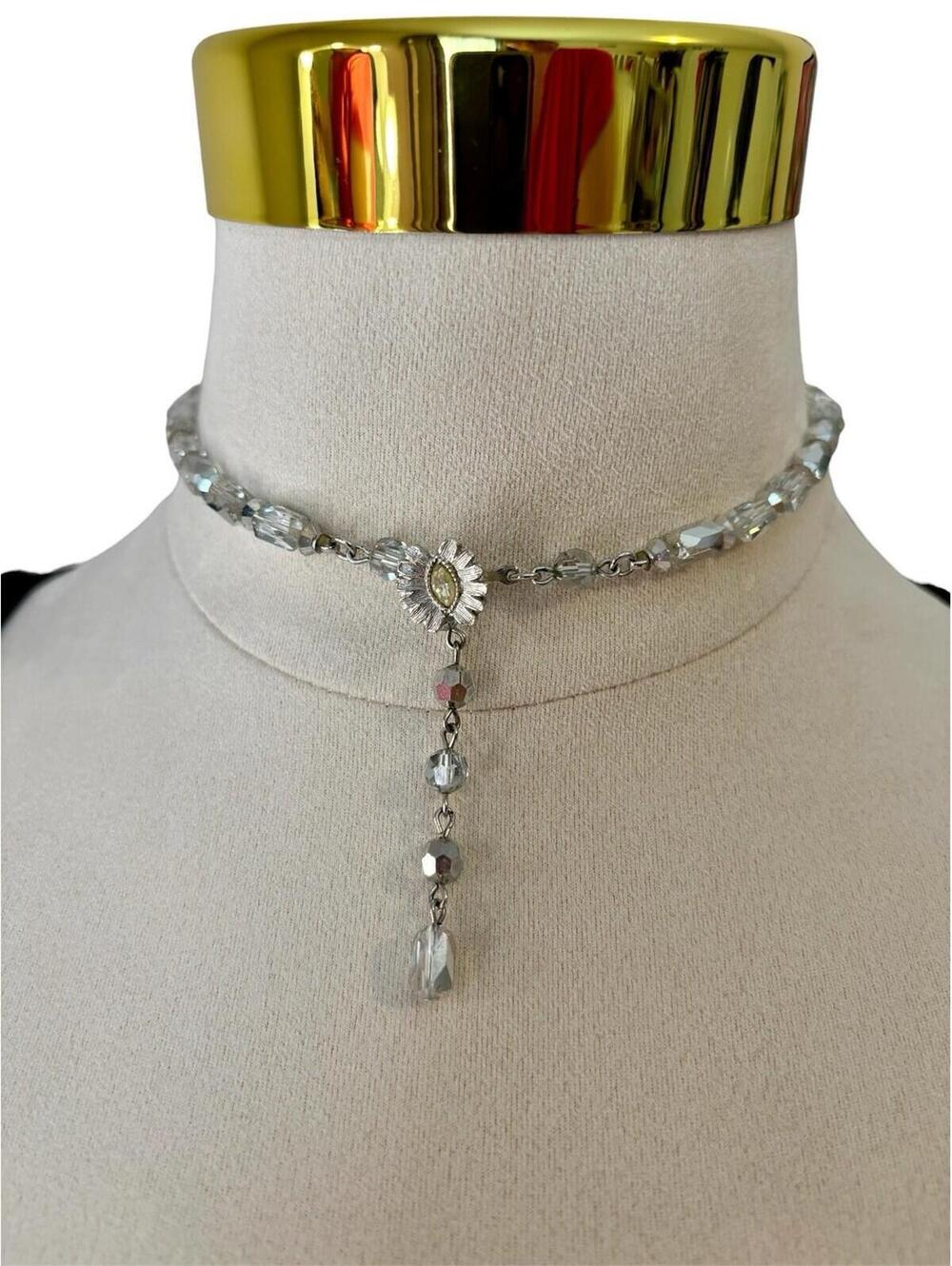 Vintage Silver Tone Glass Crystal Y Drop Necklace Front Flower Clasp 16"